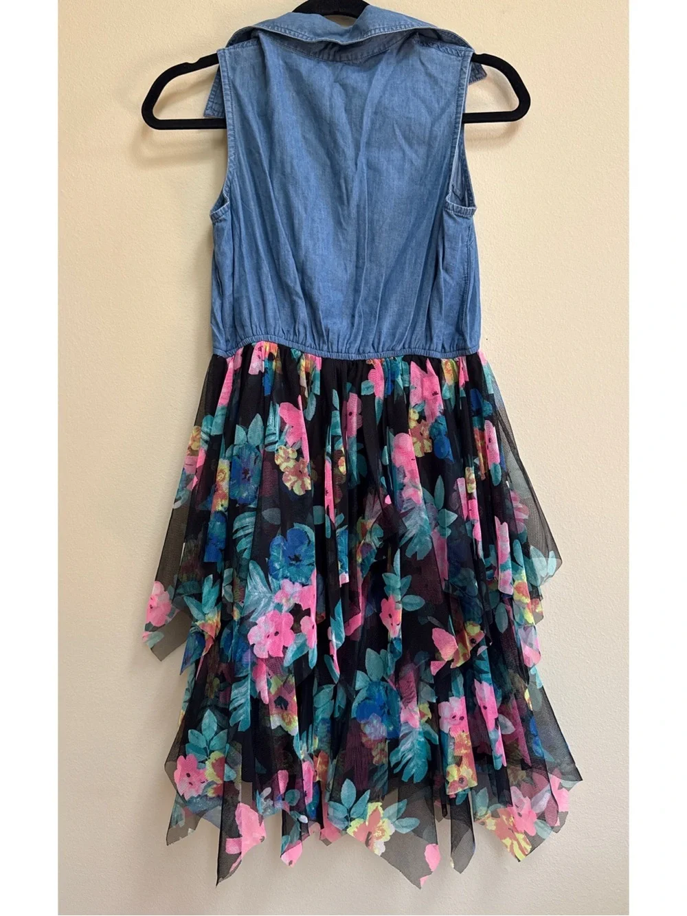 Denim Tie-Front Top with Floral Tulle Skirt Dress